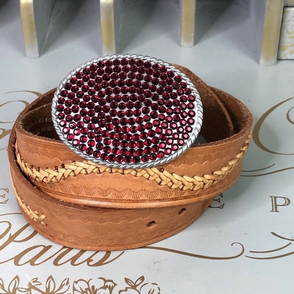 RED rhinestone tan leather woven belt - Picture 7 of 9